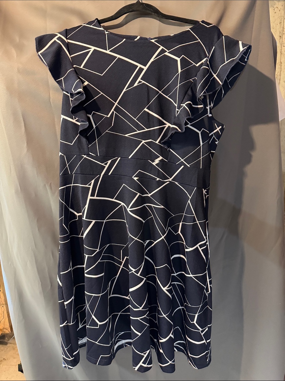 Navy and White Geometric Ruffle Midi Dress